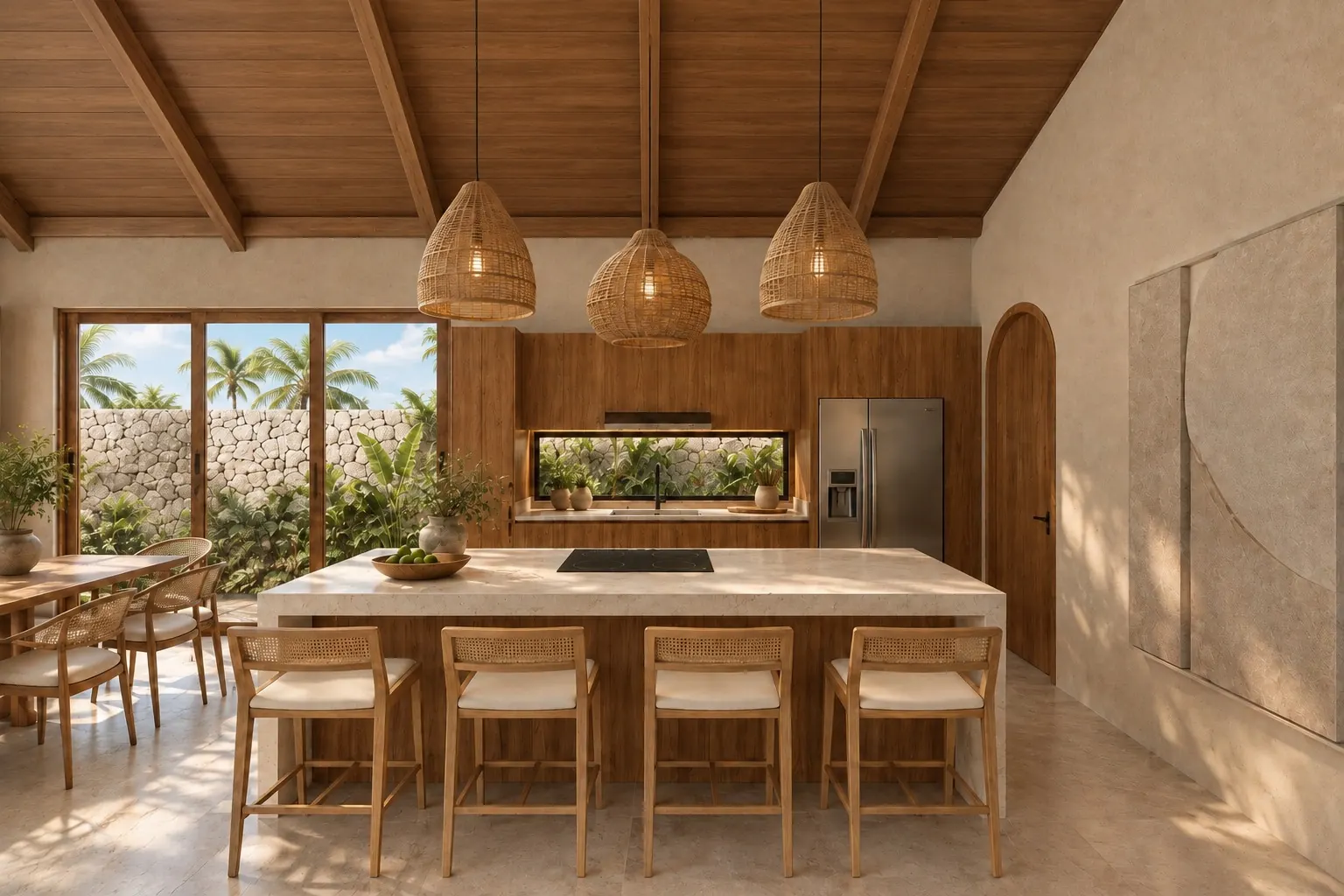 Villa Corales kitchen with an island and woven pendant lamps