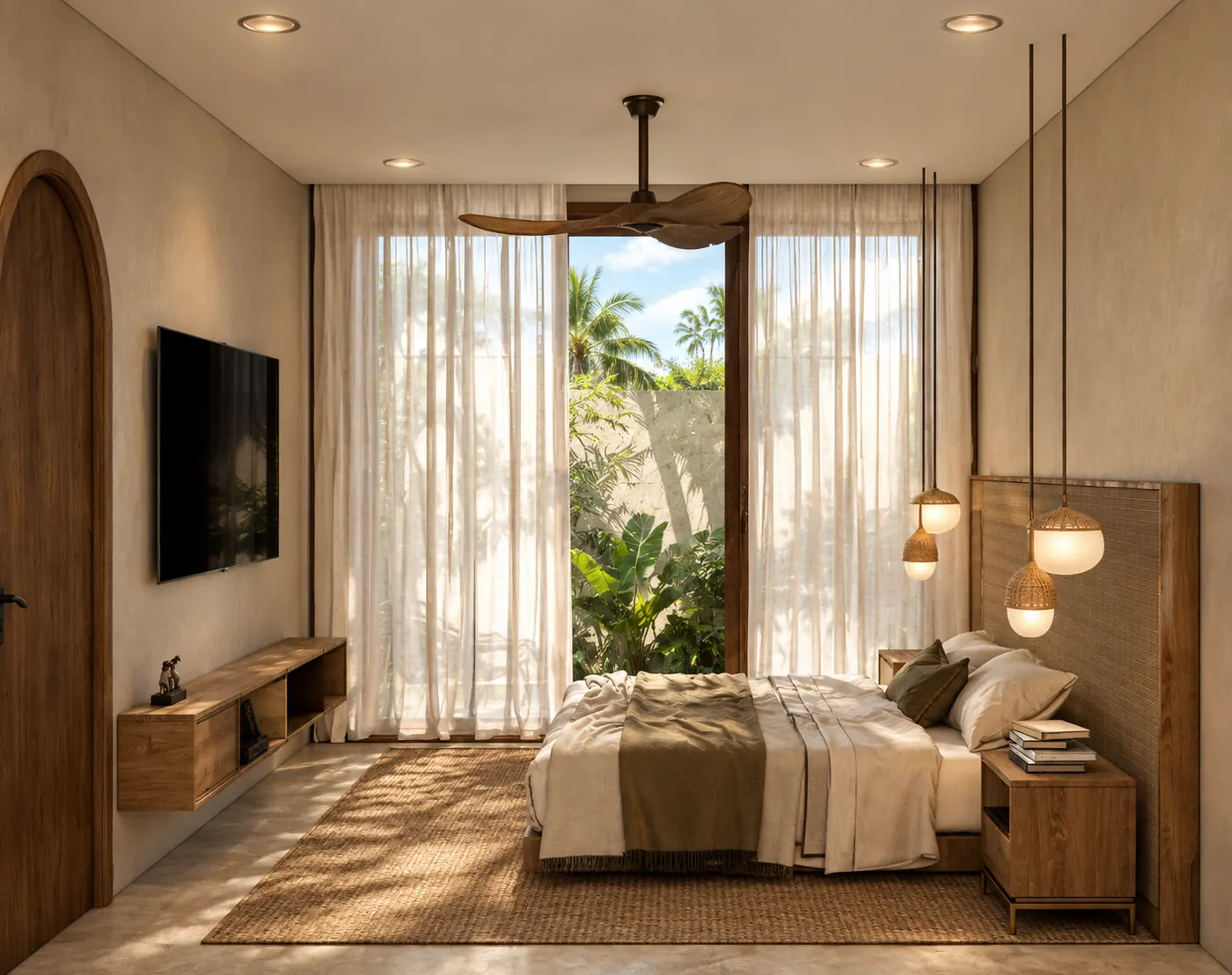 Bedroom with linen curtains opening onto the garden