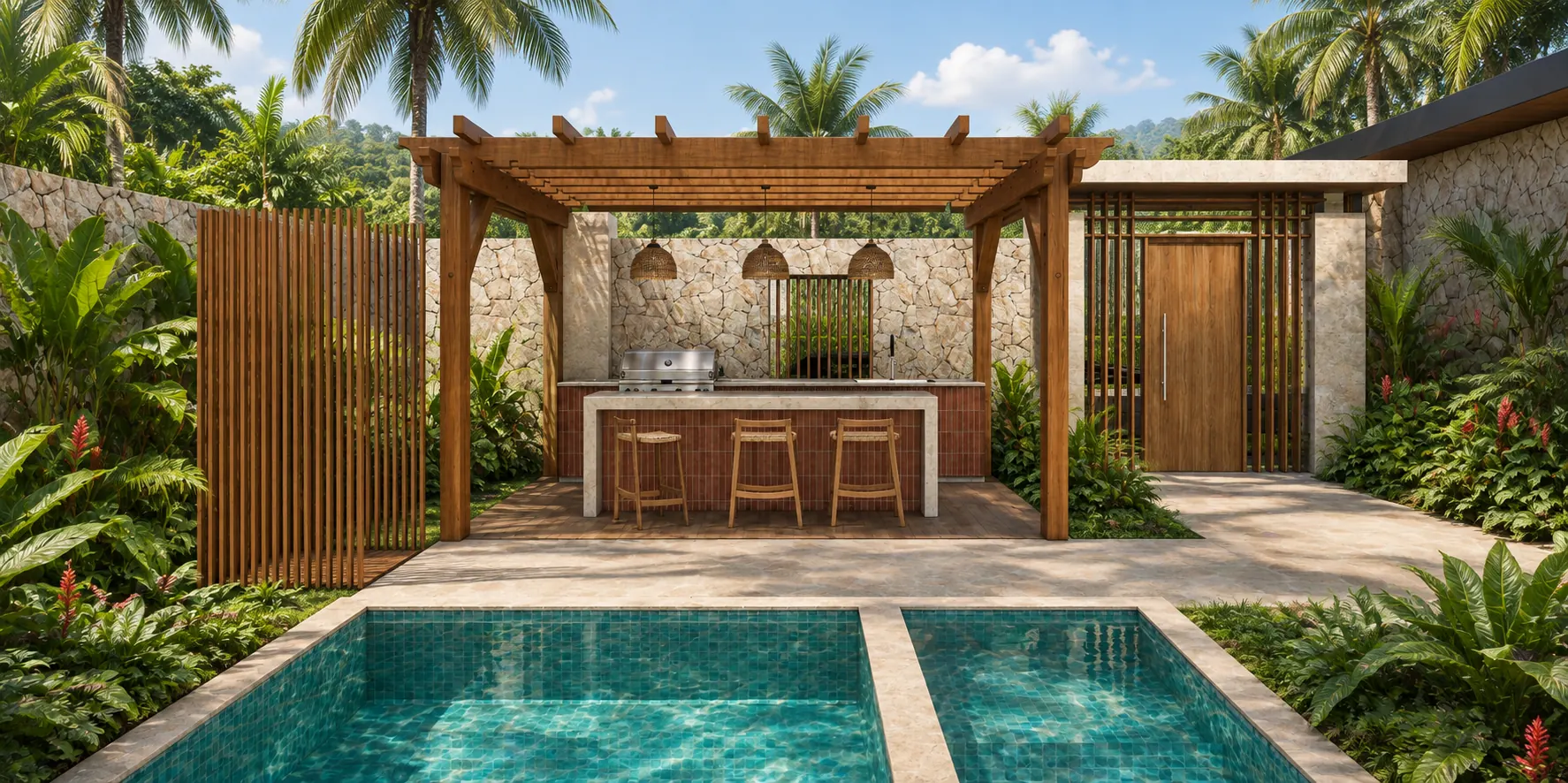 Wooden pergola with an outdoor kitchen by the pool