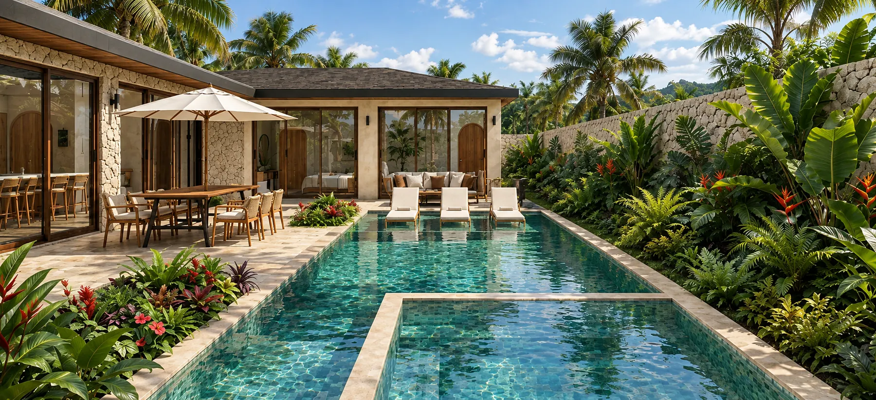 Villa Corales long pool surrounded by a tropical garden in Macao, Punta Cana