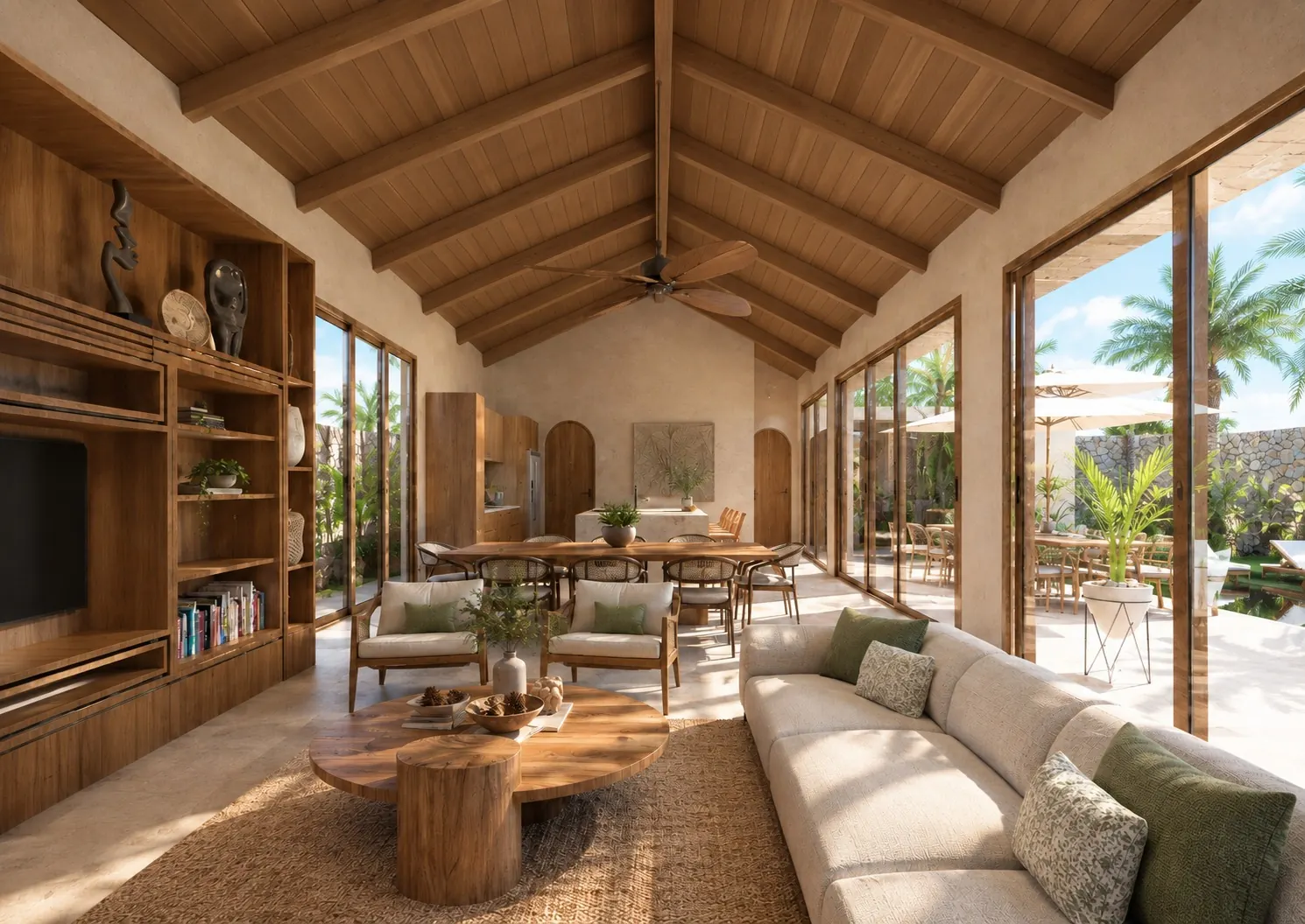 Villa Corales living room with a wooden ceiling