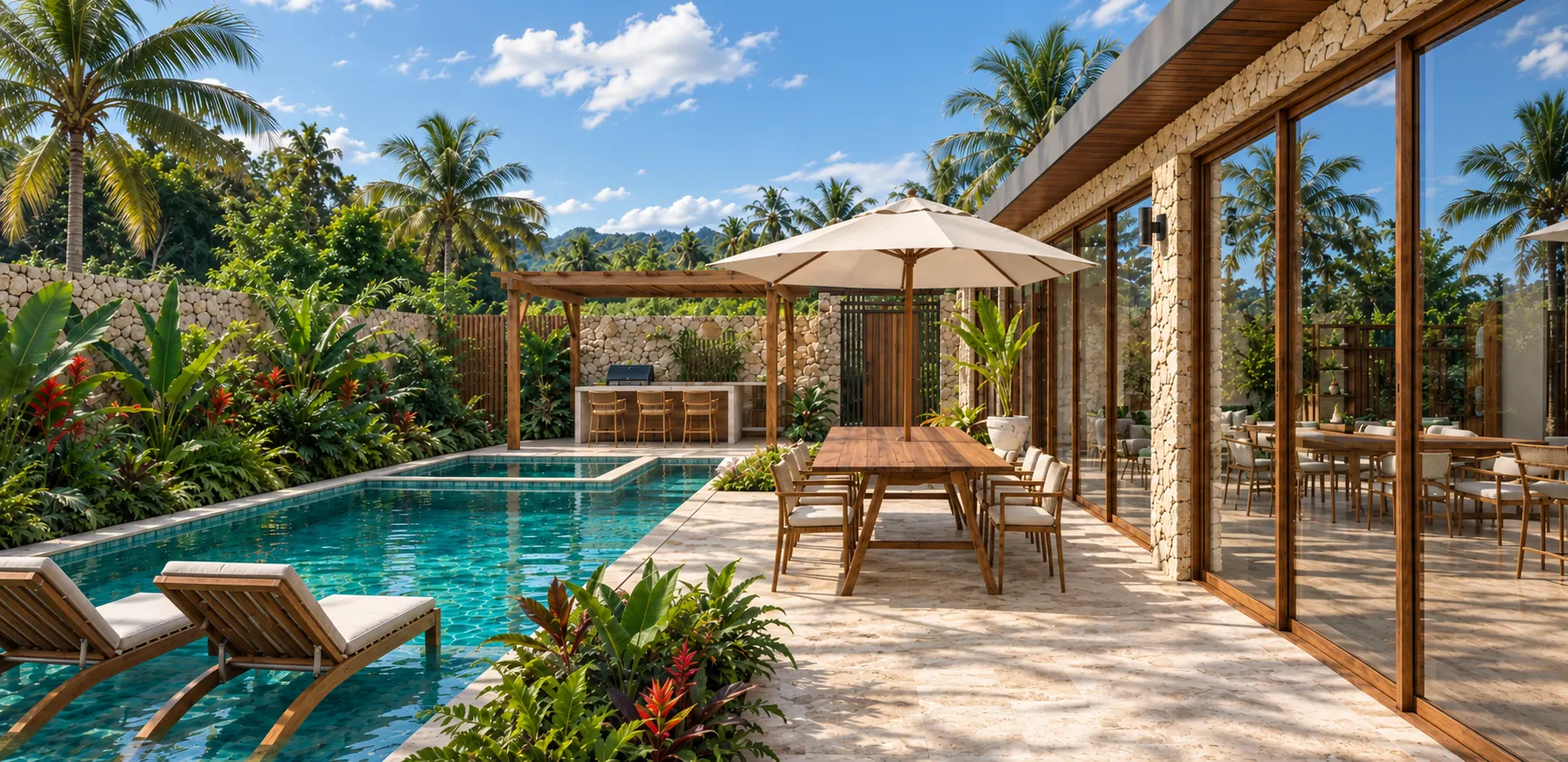 Villa Corales in Macao: terrace next to the long pool