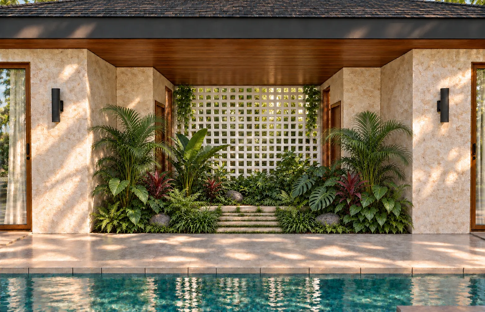 Stone lattice wall and tropical garden by the pool