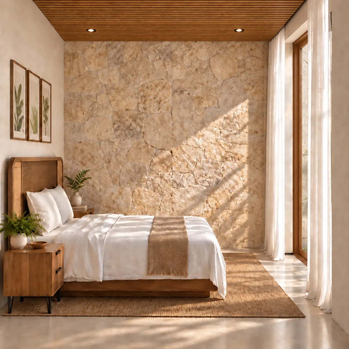 Villa Palmera bedroom with a coral stone wall