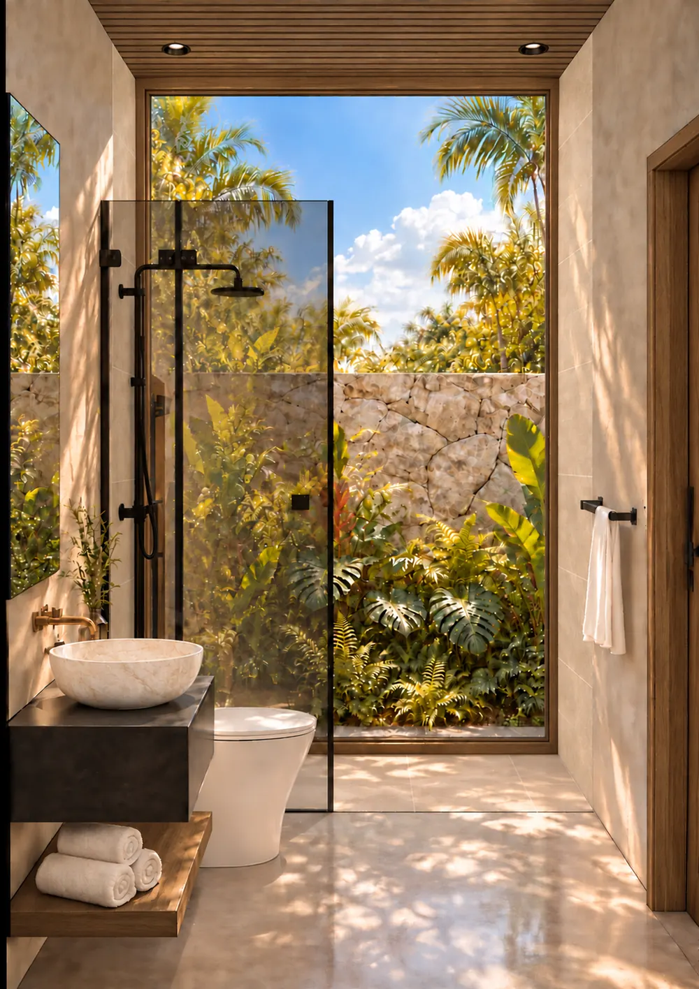 Shower with a large window onto the tropical garden