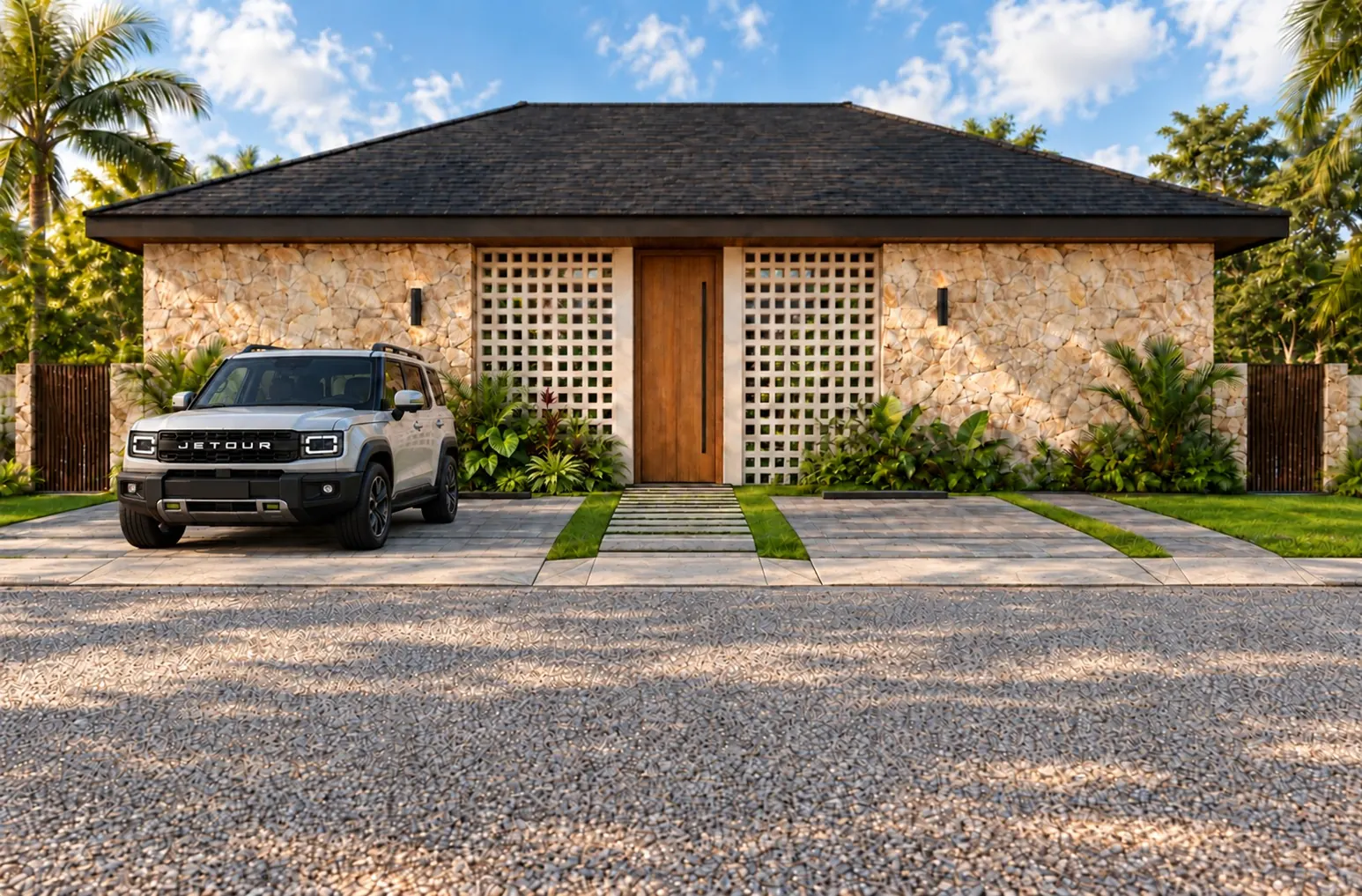 Villa Palmera façade with lattice walls and coral stone