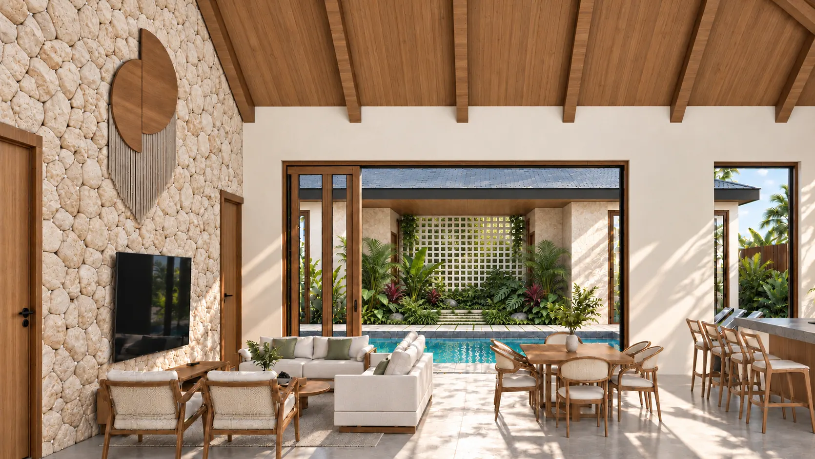 Villa Palmera living room opening onto the patio